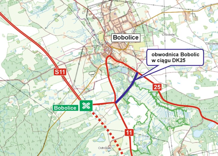 Mapa z obwodnicą Bobolic w ciągu DK25. Źródło: GDDKiA